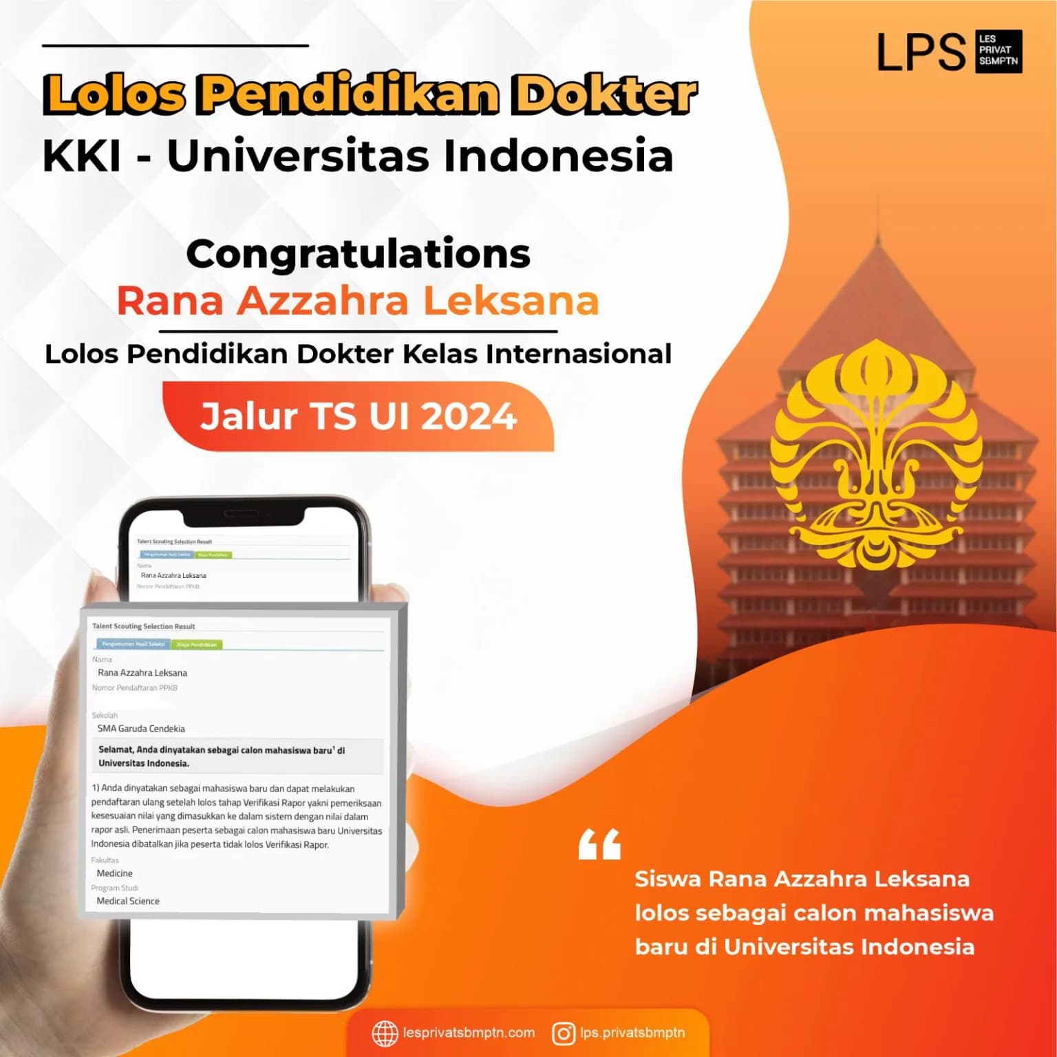 Kisah Sukses Rana Azzahra Leksana lolos TS Universitas Indonesia
