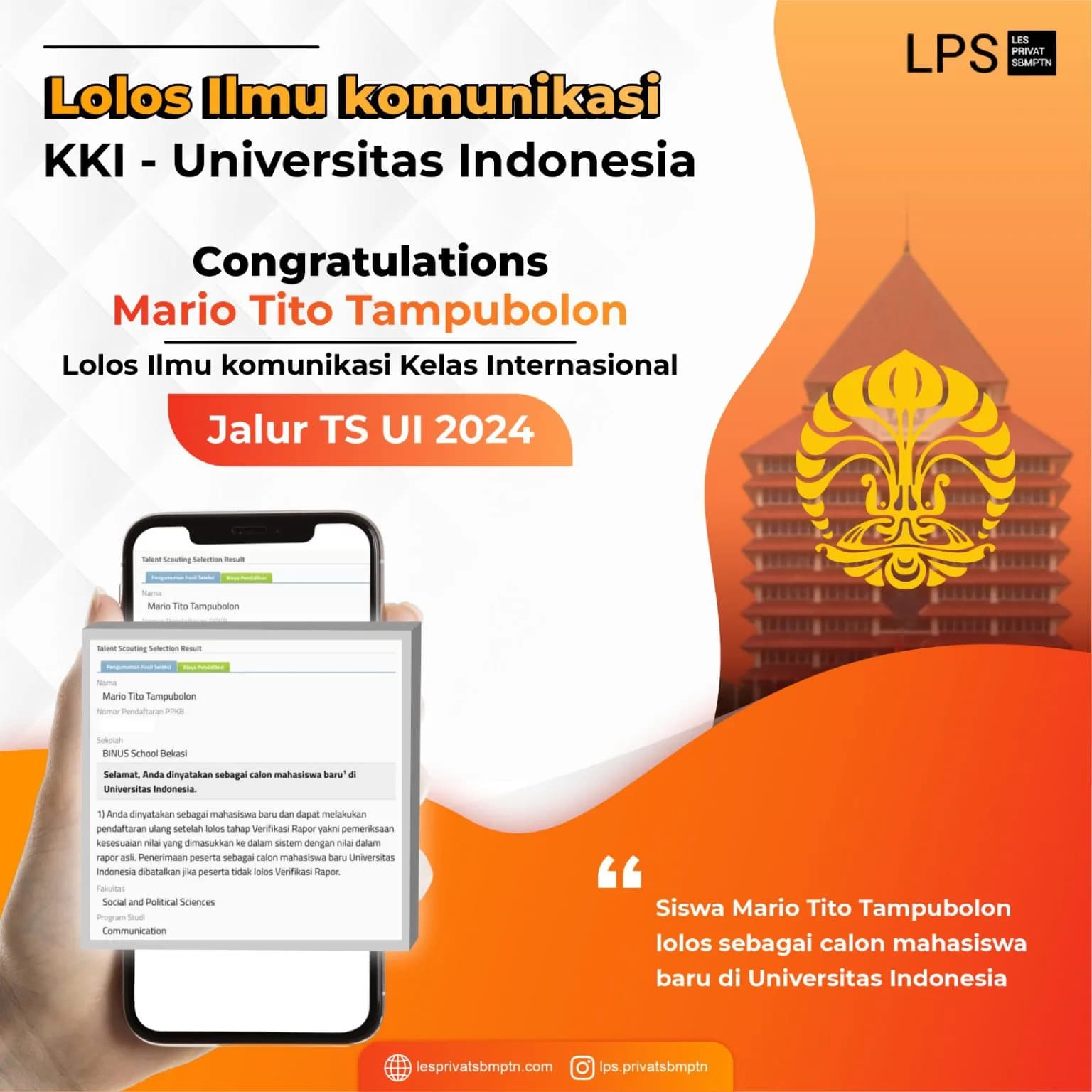 Kisah Sukses Mario Tito Tampubolon lolos TS Universitas Indonesia