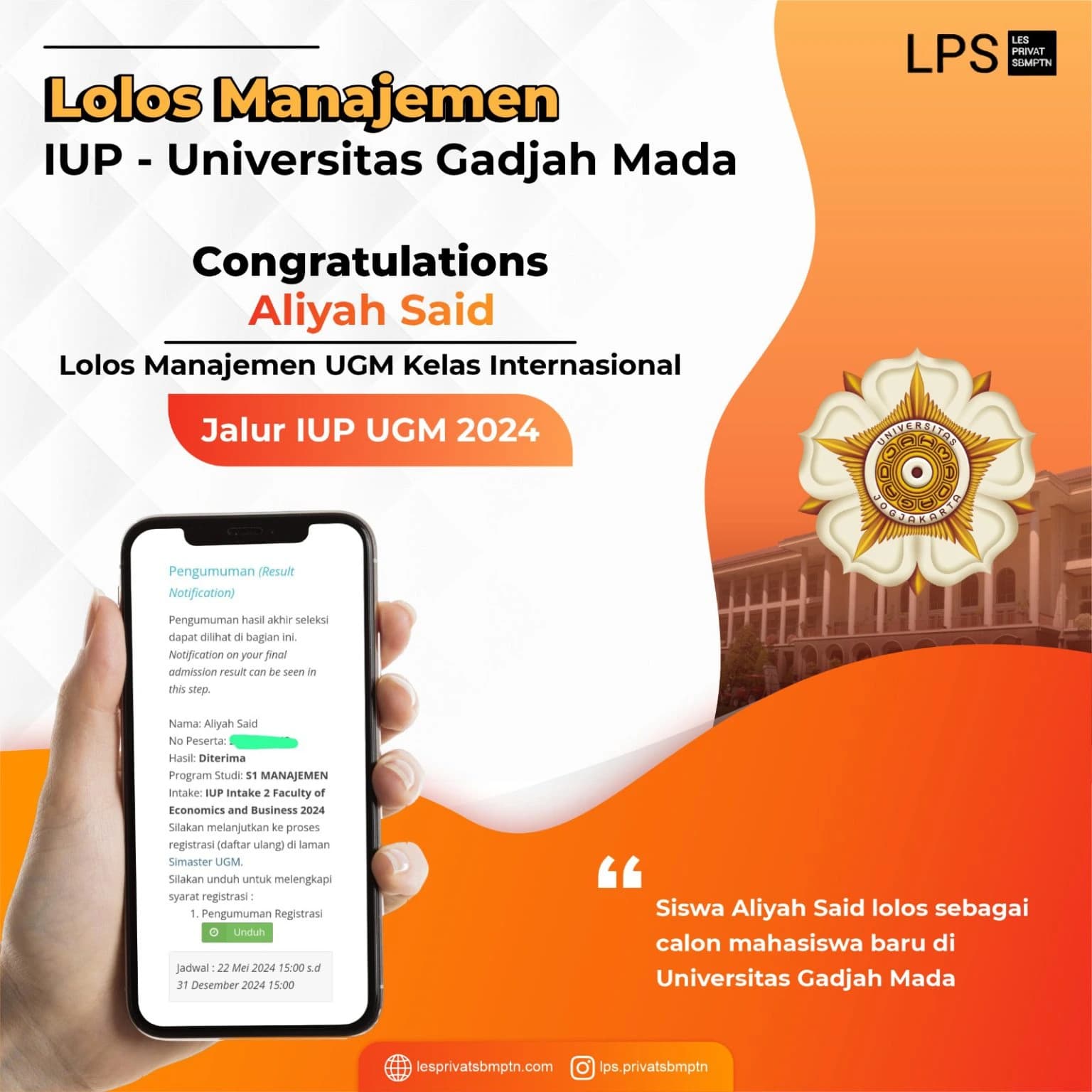 Kisah Sukses Aliyah Said lolos IUP Universitas Gadjah Madha