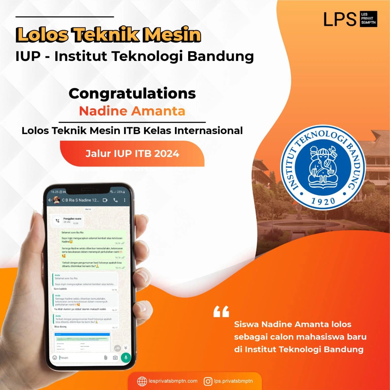 Kisah Sukses Nadine Amanta lolos IUP Institut Teknologi Bandung