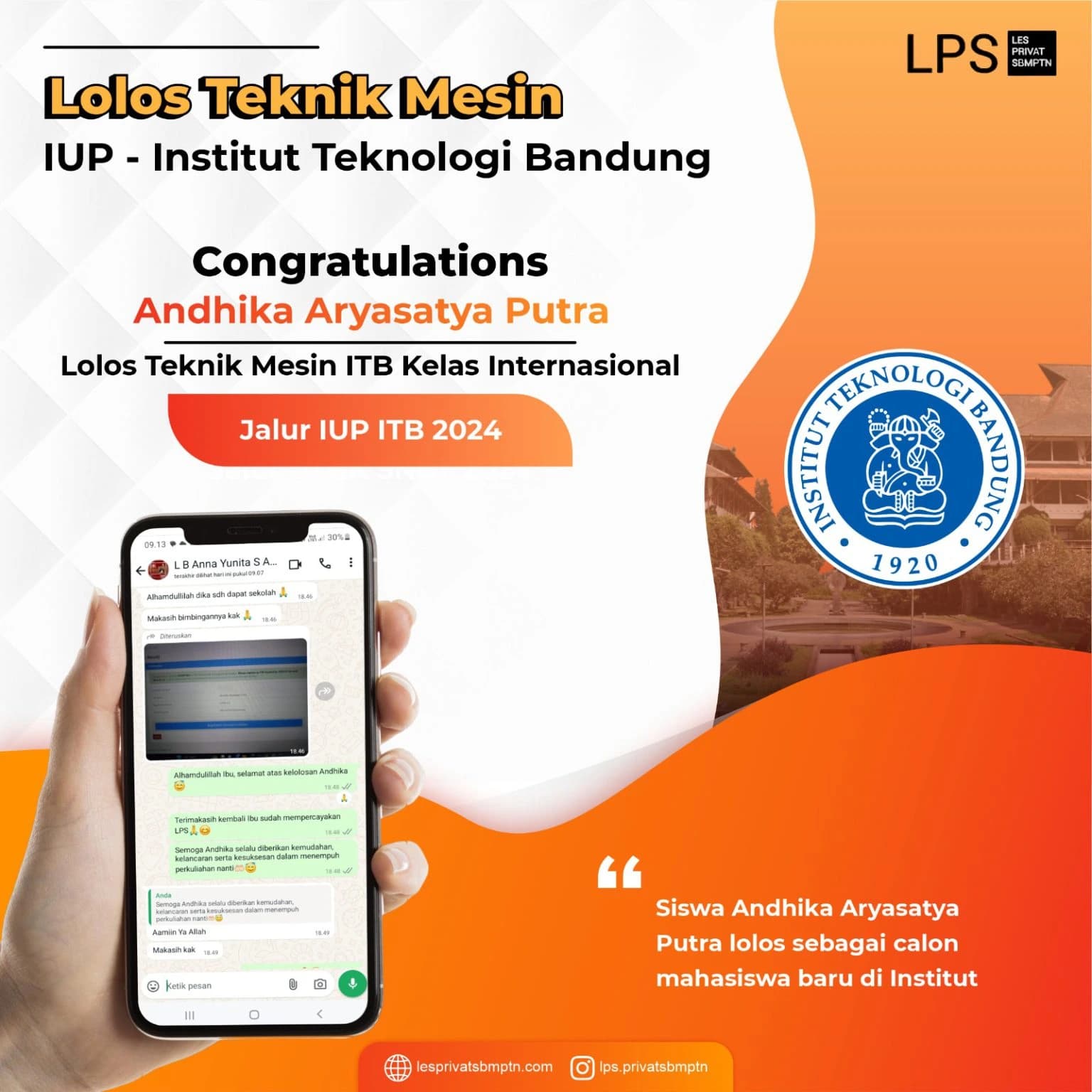 Kisah Sukses Andhika Aryhasatya Putra lolos IUP Institut Teknologi Bandung