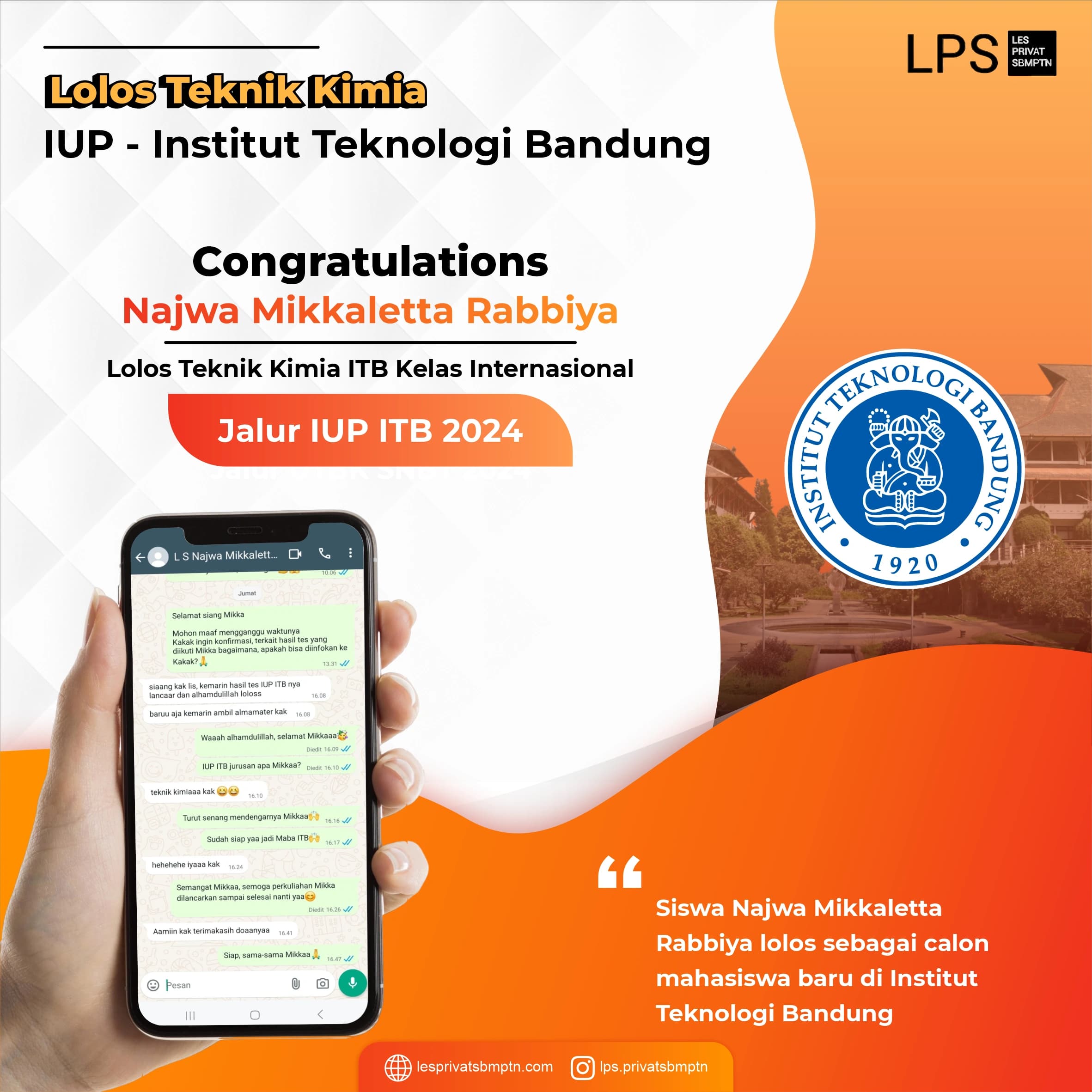 Kisah Sukses Najwa Mikkaletta Rabbiya lolos IUP ITB 2024